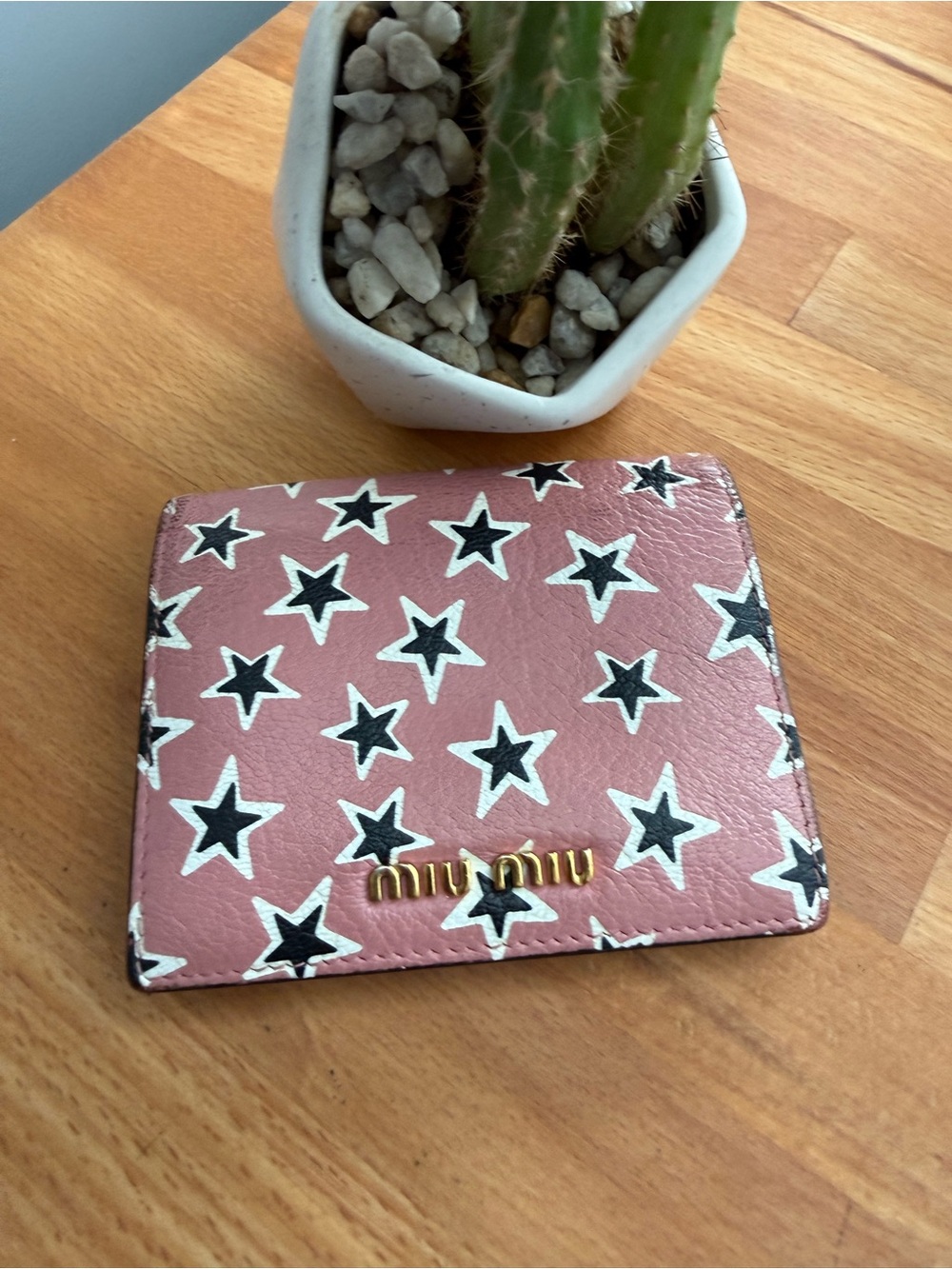 Miu Miu Madras Star-Print Leather Card Holder with Gold Logo